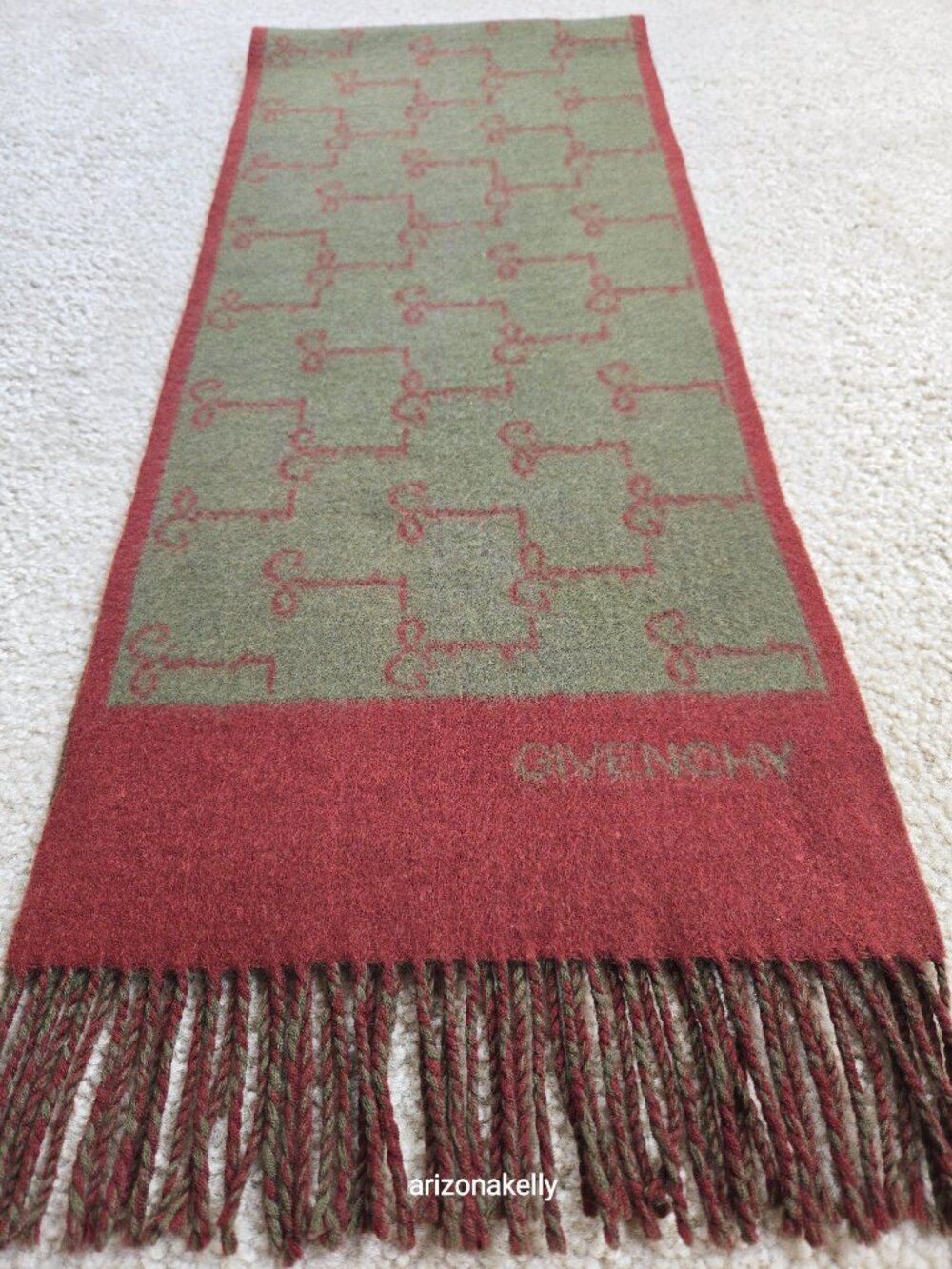 Vintage Givenchy Logo Scarf Cashmere Burgundy & Olive Green - Picture 5 of 8